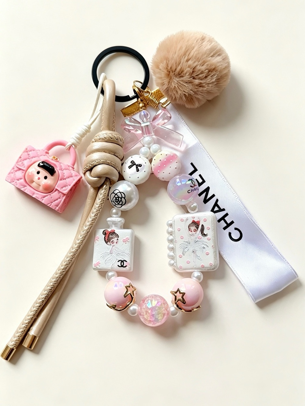 Authentic CC Ribbon with Pink Bag Charm with Pom Pom